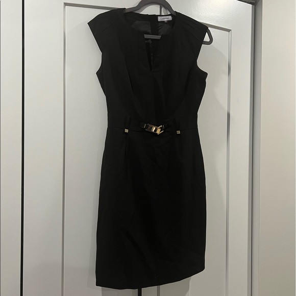Calvin Klein Little Black Dress size 4 gold detail and pin tucks classic!